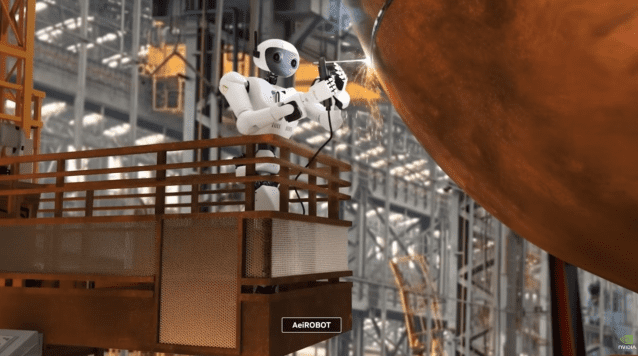 에이로봇 휴머노이드 '앨리스'가 5일(현지시간) 엔비디아 CES 2026 기조연설에서 소개됐다. (사진=엔비디아)