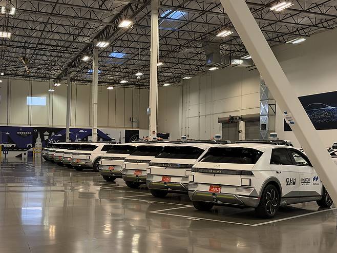 A Motional-developed Ioniq 5 robotaxis are parked at the Motional Technical Center on Jan. 8 in Las Vegas. [SARAH CHEA]