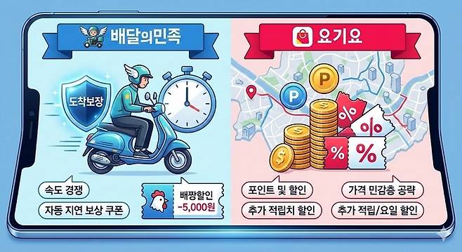 배달의민족과 요기요가 각각 '시간 내 도착'과 '할인 혜택'을 내세우며, 이른바 '탈팡' 고객 선점 경쟁에 불을 지피고 있다. 사진=구글제미나이생성