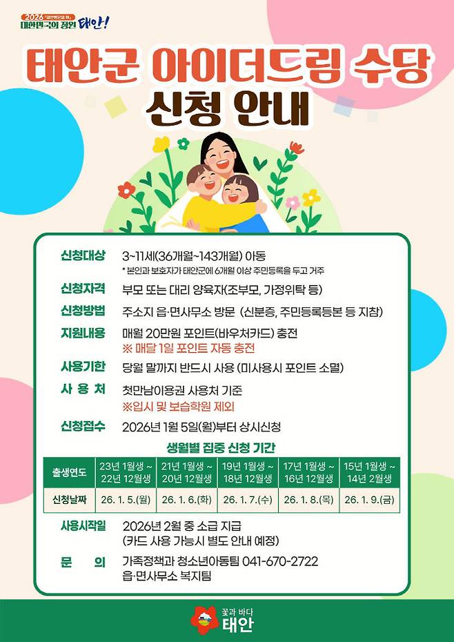 태안군이 정부 지원이 급격히 줄어드는 3세 이후 아동의 양육 부담을 덜어주기 위해 신설한 '아이더드림 수당'의 본격적인 신청 접수에 돌입했다. 사진은 '아이더드림 수당' 사업 홍보물. (태안군 제공)