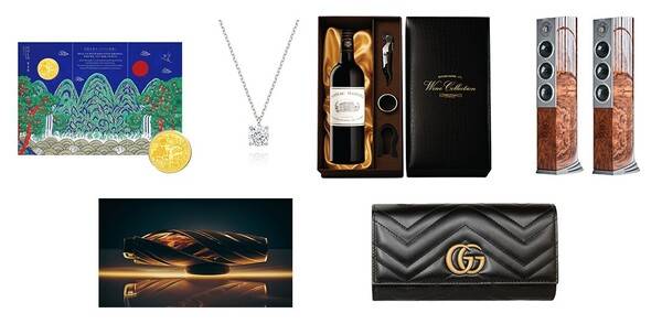 CU 설 선물인 삼성금거래소 일월오봉도 순금코인 0.1g, 미니골드 1캐럿 다이아 목걸이, 샤또마고 2015, 오디오벡터 네트워크 오디오 패키지, 맥캘란 호라이즌, 구찌 장지갑. CU 제공