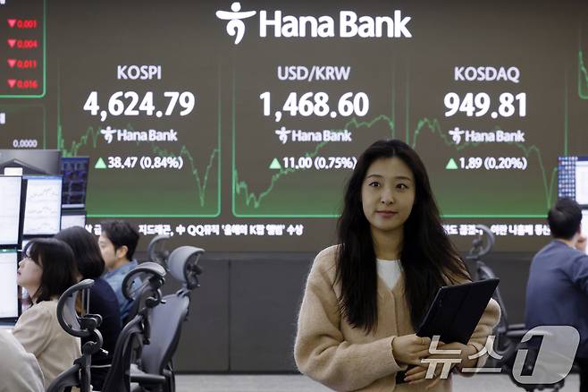 12일 오후 서울 중구 하나은행 본점 딜링룸 전광판에 증시 종가가 표시되고 있다. 이날 코스피는 전 거래일 대비 38.46포인트(0.84%) 오른 4624.78, 코스닥은 1.90포인트(0.20%) 오른 949.82으로 장을 마쳤다. 오후 3시 30분 서울외환시장에서 달러·원 환율은 전일 오후 3시 30분 주간종가 대비 10.8원 오른 1468.4원을 기록했다. 2026.1.12/뉴스1 ⓒ News1 박정호 기자