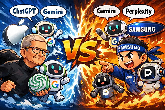 애플과 삼성의 대결을 형상화한 챗GPT 이미지