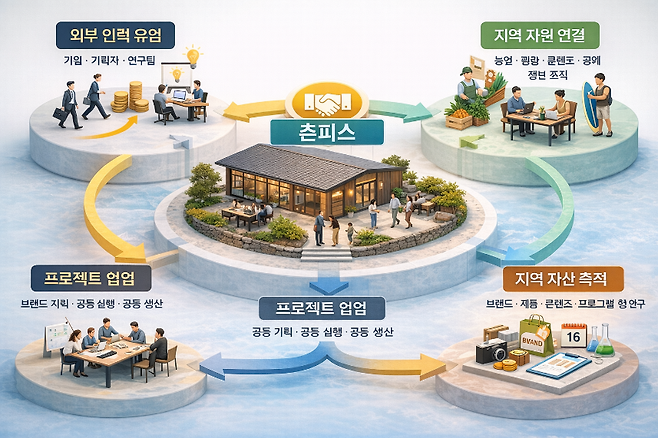 외부 인력과 지역 자원을 연결해 공동 프로젝트를 만들고, 그 결과를 지역 자산으로 축적하는 ‘촌피스’ 협업 구조도. (촌피스 자료 참조)