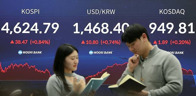 12일 코스피가 종가 기준 4624.79를 기록하며 역대 최고치를 경신했다. 이날 서울 중구 우리은행 딜링룸에 지수가 표시돼 있다. [뉴스1]