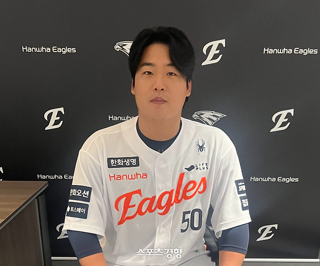 지난 12일 대전구장에서 인터뷰하는 한화 강백호. 대전 | 김하진 기자