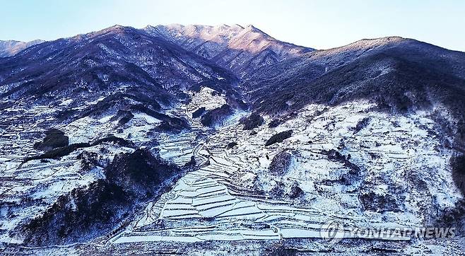 하얀 다랑이 논 (서울=연합뉴스) 11일 지리산 자락인 경남 함양군 마천면의 다랑이 논이 하얗게 변해 있다. 2026.1.11 [함양군 제공. 재판매 및 DB 금지] photo@yna.co.kr