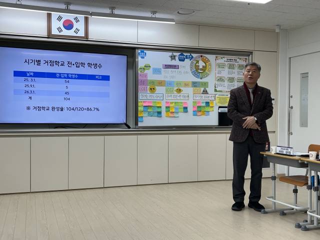 김두열 대구군위교육지원청 교육장이 14일 군위초에서 열린 정책설명회에서