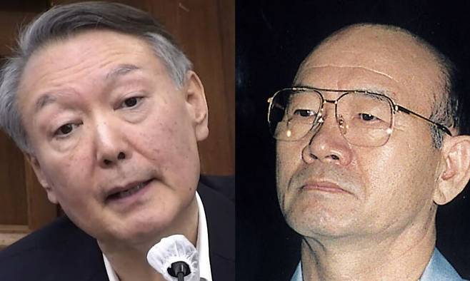 지난 5일 서울중앙지법에서 열린 내란 재판에 출석한 윤석열 전 대통령(왼쪽)과 전두환(오른쪽)씨. 서울중앙지법 제공, 한겨레 자료사진