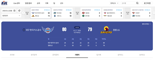 ▲ KBL 기록 프로그램에서 80-72로 끝난 경기가 80-79를 표시하고 있다.
