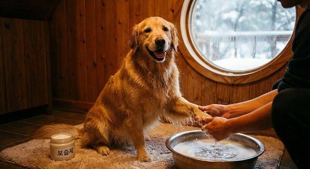 반려견과 염화칼슘이 뿌려진 길을 산책했다면, 화장실에서 미지근한 물로 발가락 사이사이를 꼼꼼히 씻기고 보습제를 발라줘야 한다. 사진은 기사의 내용을 바탕으로 생성. 제미나이