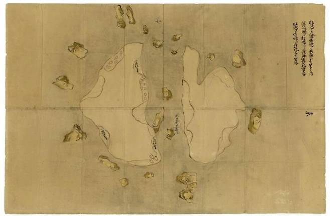 시마네현이 공개한 독도가 그려져 있는 그림지도 ‘마쓰시마 지도’(松島之図). 마쓰시마는 울릉도를 뜻한다. 시네마현 홈페이지 공개자료 캡처