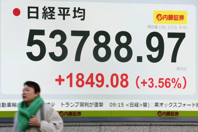 지난 13일 일본 도쿄의 한 전광판이 일본 증시 급등으로 닛케이지수가 5만 3000엔을 넘었다고 알리는 모습. EPA연합뉴스