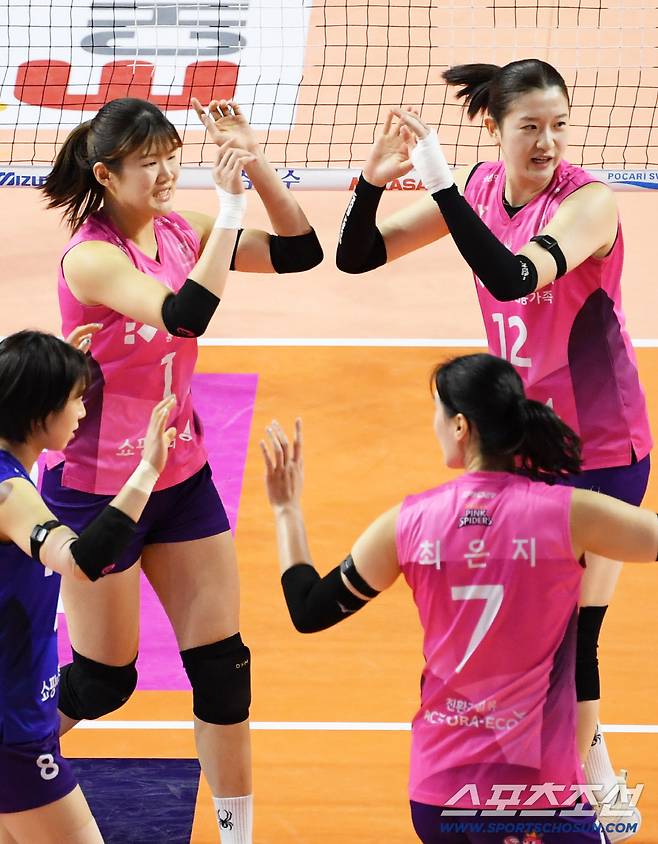 14일 인천 삼산월드체육관 열린 V리그 흥국생명과 한국도로공사 경기. 흥국생명 김다은, 이다현이 득점 후 환호하고 있다. 인천=박재만 기자 pjm@sportschosun.com/2026.01.14/