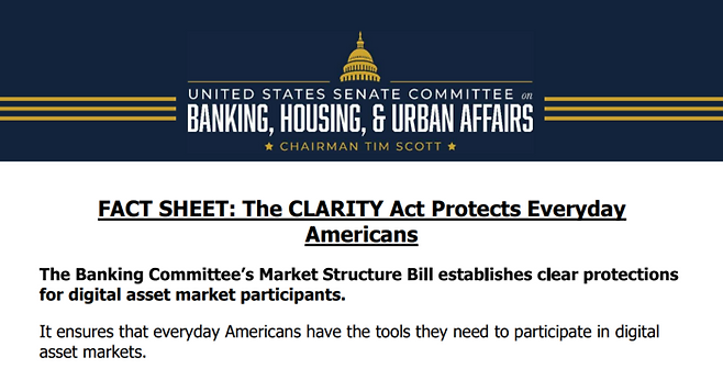 미 상원 은행위원회가 공개한 ‘클래리티 법안(CLARITY Act)’ 팩트시트. [출처=미 상원]