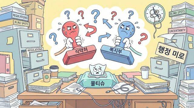 한국의 물티슈는 인체 세정용(식품의약품안전처)과 위생용품(보건복지부)으로 이원화돼 통합 규제와 관리가 이뤄지지 않고 있다. 사진은 기사의 내용을 바탕으로 생성함. 제미나이