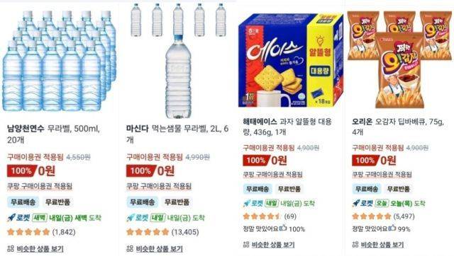 로켓배송과 로켓프레시에서는 생필품 다수가 이용권 자동 적용으로 0원 또는 수백 원대에 구매 가능하다. 쿠팡 앱 화면 캡처