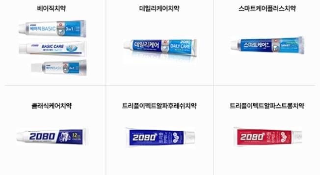 회수 조치 대상인 2080 치약 제품 6종. /애경산업 제공