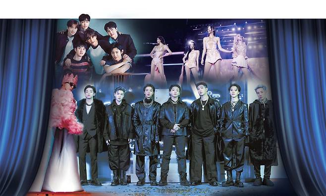 왼쪽 위부터 시계방향으로 엑소, 블랙핑크, BTS, 빅뱅의 지드래곤.