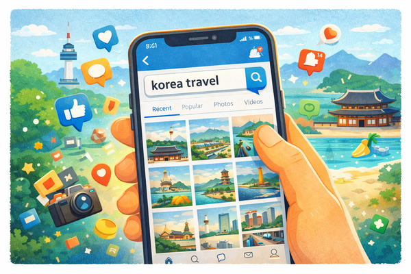 데이터를 기반으로 분석한 방한 여행 트렌드로 취향 기반 큐레이션 여행, 개인화된 여정, 디지털 감성 공유가 핵심인 'C.U.R.A.T.E.D'를 제시했다 / AI 생성 이미지