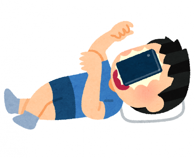 스마트폰 하다가 놓쳐서 얼굴에 맞은 사람의 일러스트. 이라스토야.