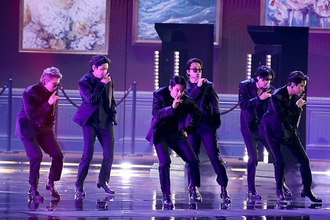 BTS perform onstage during the 64th Annual Grammy Awards in April 2022 in Las Vegas. (Getty Images)