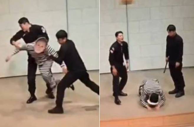 지난해 12월2일 서울 은평구 은평제일교회에서 열린 계엄전야제 행사에서 상연된 연극 장면. 이재명 대통령 가면을 쓴 사람이 곤봉을 든 사람들에게 둘러싸여 있다. 극우추적단 카운터스 엑스(X·옛 트위터) 계정 캡처