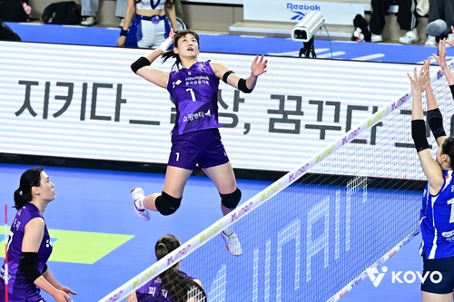 18일 화성종합체육관에서 열린 진에어 2025~2026 V리그 여자부 경기서 흥국생명 김다은이 IBK기업은행과 경기서 스파이크를 하고 있다. 사진=한국배구연맹