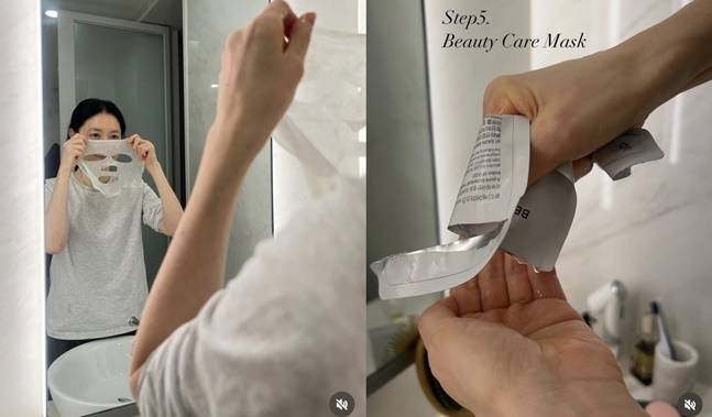 이영애는 순면 시트지의 마스크팩으로 피부 자극은 줄이고 보습은 강화했다. 남은 에센스까지 알뜰하게 쓰는 이영애. 사진=이영애 SNS