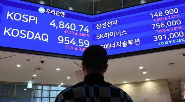 16일 서울 중구 우리은행 딜링룸에 4840.74에 마감한 코스피 종가가 보이고 있다. 뉴시스