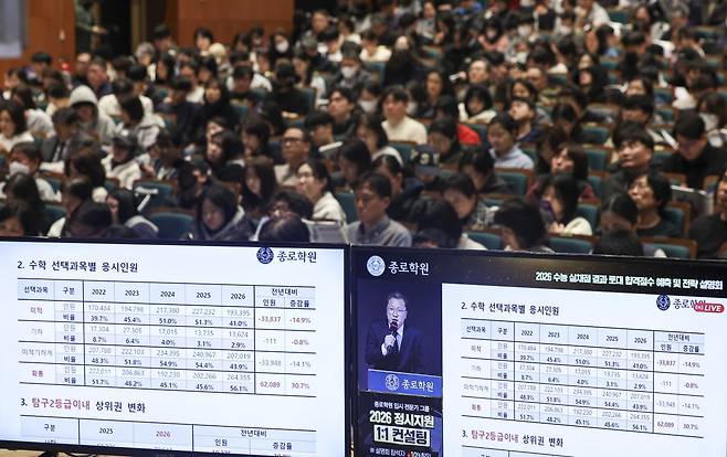 서울 종로구 성균관대학교에서 열린 종로학원 2026 정시 합격 가능선 예측 및 지원전략 설명회에서 학부모들이 강사의 설명을 듣고 있다./2025.12.7 사진=한경 임형택기자