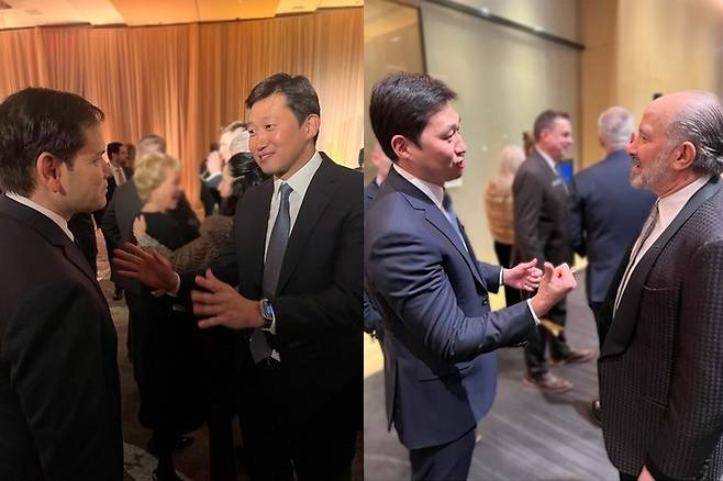 In the left picture, Coupang founder Bom Kim, right, speaks to then-U.S. State Secretary nominee Marco Rubio, and in the right picture, Kim, left, speaks to then-U.S. Commerce Secretary Howard Lutnick during a reception hosted by Donald Trump Jr. in Washington on Jan. 18, 2025. [YONHAP]