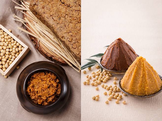 한국의 된장(왼쪽)과 일본 미소 [123RF]