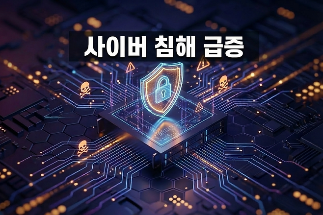 한국인터넷진흥원(KISA)에 따르면 국내 사이버 침해사고 신고 건수는 2023년 1277건에서 2024년 1887건으로 전년 대비 48% 급증했으며, 지난해의 경우 상반기에만 동기 대피15% 증가세를 보이고 있다. (이미지=나노 바나나로 생성)