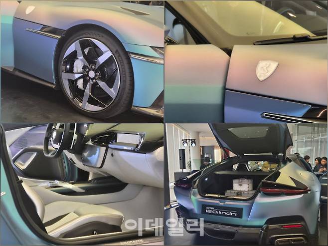 페라리코리아가 19일 서울 서초구 소재 페라리 반포 전시장에서 ‘12칠린드리 테일러메이드’를 공개했다. 좌측 상단부터 차량 바퀴, 엠블럼, 실내, 트렁크. (사진=이윤화 기자)