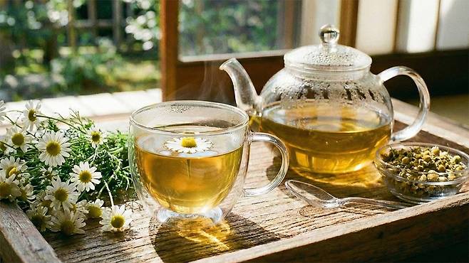 캐모마일차는 진정 효과가 있어 당뇨 환자의 수면 장애 개선에 도움을 줄 수 있다|출처: Gemini 생성