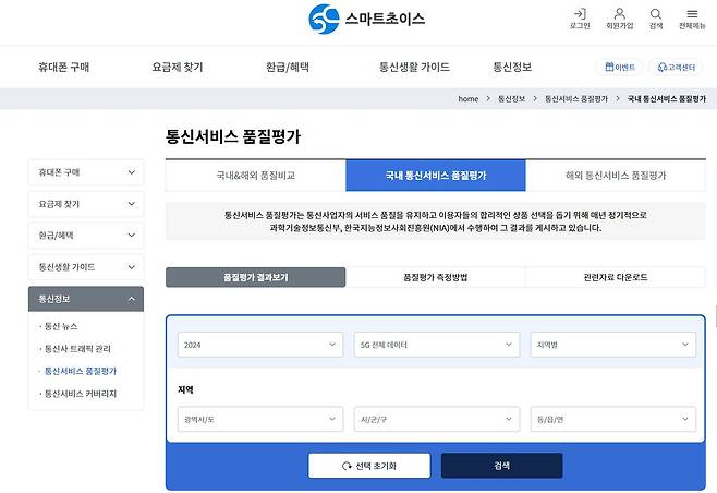 스마트 초이스 홈페이지에서 통신 품질평가 결과를 확인할 수 있다 / 출처=스마트초이스