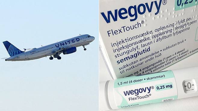 지난해 11월 7일(현지시간) 미국 일리노이주 시카고 오헤어 국제공항에서 유나이티드 항공 여객기가 이륙하고 있는 모습. 오른쪽 사진은 비만치료제 ‘위고비’. AFP=연합뉴스