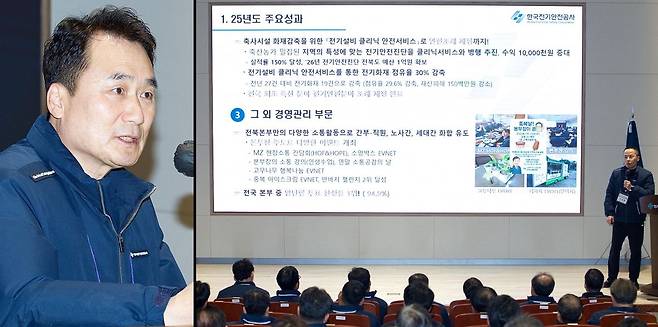 한국전기안전공사, 2026년도 사람존중 열린경영 연찬회에서 남화영사장(왼쪽)과 25년 사업소 주요성과 발표 중인 전북본부장. (사진=한국전기안전공사)