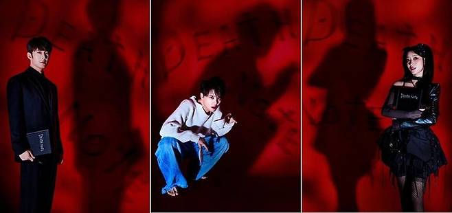 뮤지컬 '데스노트'에  라이토 역 고은성(왼쪽부터), 엘 역 김준수, 아마네 미사 역  장민제가 출연핸다. (사진=오디컴퍼니 제공) *재판매 및 DB 금지