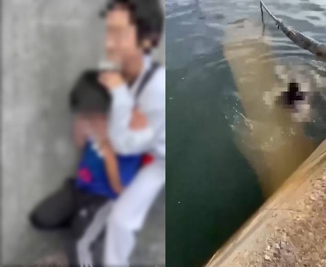 가해 학생이 피해 학생의 목을 조르는 모습(좌), 피해 학생으로 추정되는 인물이 바닷물에 빠진 모습(우) [SNS 캡처]