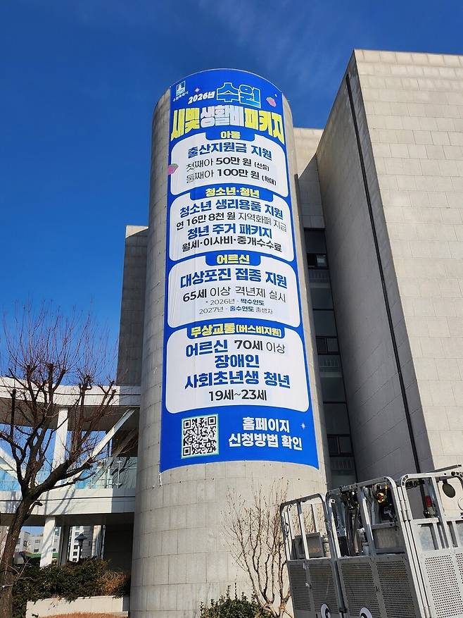 ▲ 수원시청 청사 외벽에 수원시 새빛 생활비 패키지를 알리는 대형 현수막이 게시돼 있다. / 사진제공=수원특례시