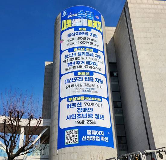 수원시청 청사 외벽에 수원시 새빛 생활비 패키지를 알리는 대형 현수막이 게시돼 있다.