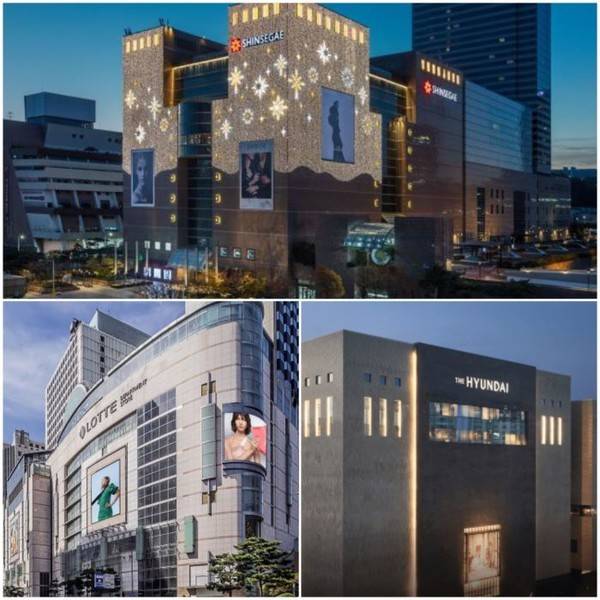 신세계백화점 강남점(위), 롯데백화점 본점(왼쪽 아럐), 현대백화점 판교점(오른쪽 아래) 사진=각 사