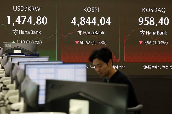 20일 오전 서울 중구 하나은행 딜링룸 전광판에 지수가 표시되고 있다. 사진=뉴시스