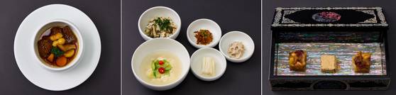APEC 공식 환영만찬 메뉴. 왼쪽부터 갈비찜, 나물비빔밥, 파이ㆍ캐러멜 디저트. 〈사진=대통령실 제공〉