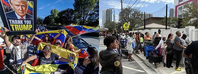 지난 3일 미국 플로리다주 마이애미에서 베네수엘라 니콜라스 마두로 대통령 체포 소식을 들은 베네수엘라 이민자들이 거리로 몰려나와 도널드 트럼프 대통령에게 감사하는 팻말을 들어 보이고 있다(왼쪽). 지난 17일 마이애미 도심 주택가에서 주민들이 경찰이 지켜보는 가운데 무료로 나눠주는 생필품과 식료품을 받아가기 위해 길게 줄을 서고 있다(오른쪽). /EPA 연합뉴스·박국희 특파원