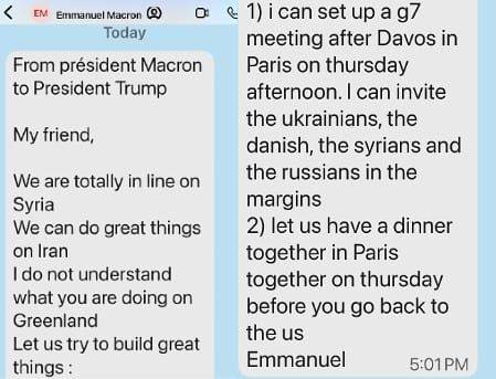 에마뉘엘 마크롱 프랑스 대통령이 도널드 트럼프 미국 대통령에게 보낸 문자. 사진 SNS 캡처