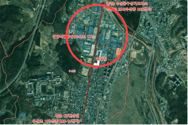 A map showing Samyangbuldak-ro in Wonju, Gangwon Province, with Samyang Foods’ factory highlighted in a red circle. (Wonju City)