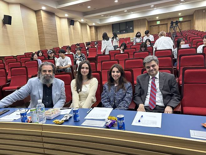 Charatsidou Ellada, second from left, poses for a photo with fellow professors and Loukas Tsokos, Greek ambassador to Korea, right, at Hankuk University of Foreign Studies' Yongin campus. [ELLADA CHARATSIDOU]
